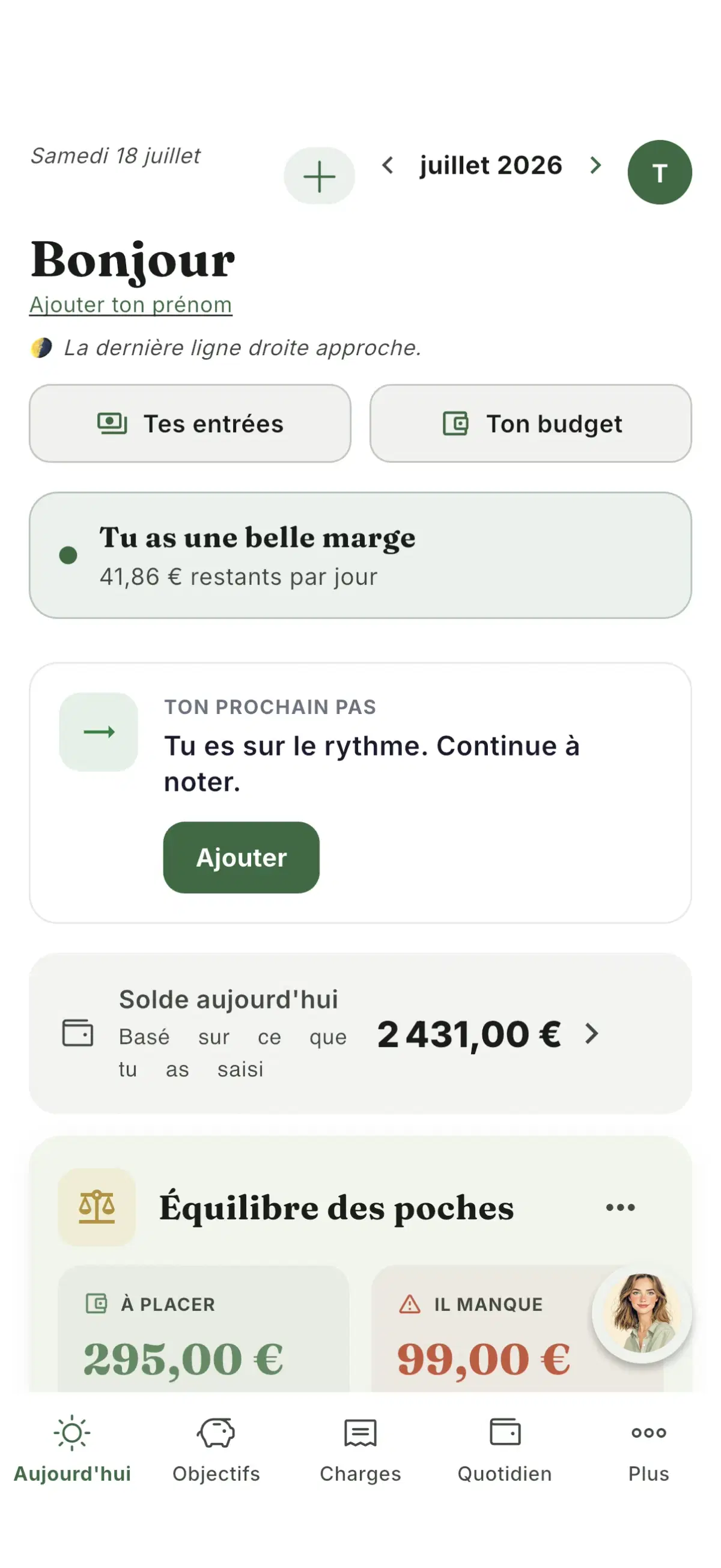 Ton reste à vivre en euros par jour : « Tu as une belle marge — 41,86 € restants par jour », calculé sans connexion bancaire
